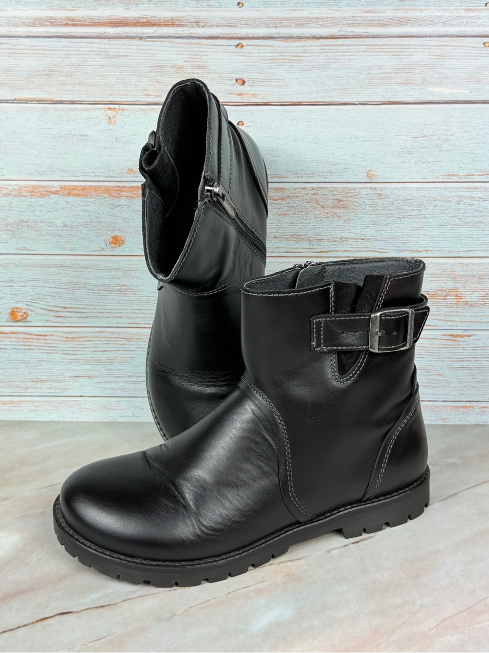 Birkenstock Black Leather Stowe Ankle Boots with Buckle